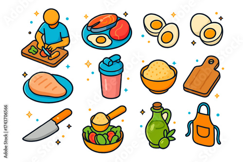 Fitness Nutrition Icons. Fitness nutrition. Colorful isometric vector icons set of fitness nutrition: person chopping vegetables, protein-rich foods, quinoa,