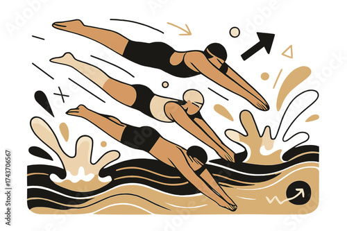 Dynamic Swim Scene. Swimming contest. Athletes dive into glowing stylized water, abstract splash shapes and curved motion lines highlight intensity. Waves