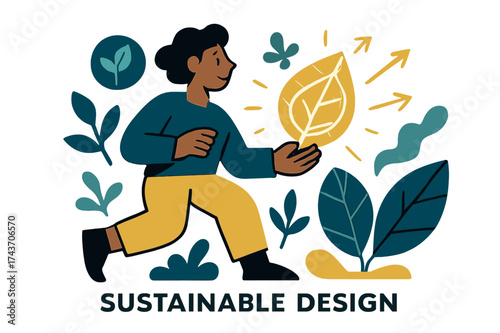 Glowing Sustainable Blueprint. Sustainable design. Person holding glowing leaf-shaped blueprint, surrounded by abstract plant icons. Radiant arrows showing