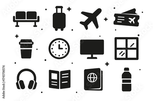Airport Icon Set. Airport waiting lounge. Solid icons set of bench chair, suitcase, airplane, boarding pass, coffee cup, clock, screen monitor, window,