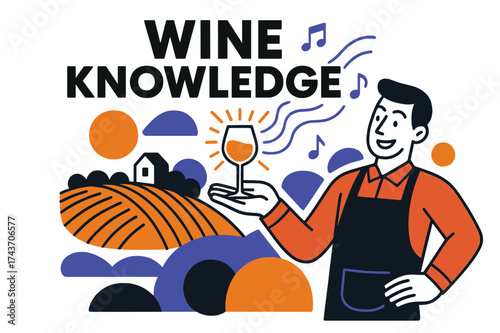 Vineyard Wine Tour. Guided Tour. Sommelier presenting glowing wine glass with vineyard in background, abstract