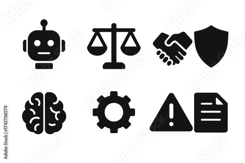 AI Ethics Icons. AI ethics. Filled icon set of AI ethics: robot head, scales of justice, shield, handshake,