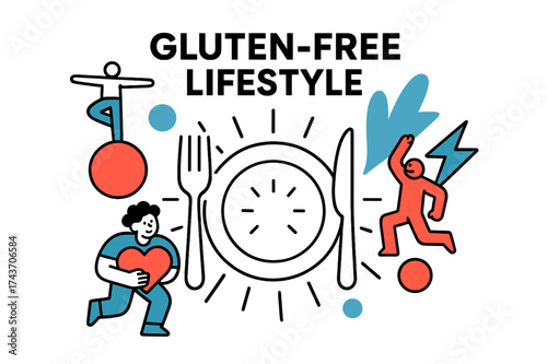 Gluten-Free Vibrance. Gluten-Free Lifestyle. A glowing plate with a fork and knife, abstract floating icons of balance, energy, and health surrounding it.