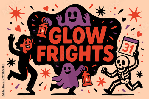 Glow Frights Festival. Glow Frights banner, flat vector illustration, bold oversized text inside rounded blob, cartoon characters dancing and running near