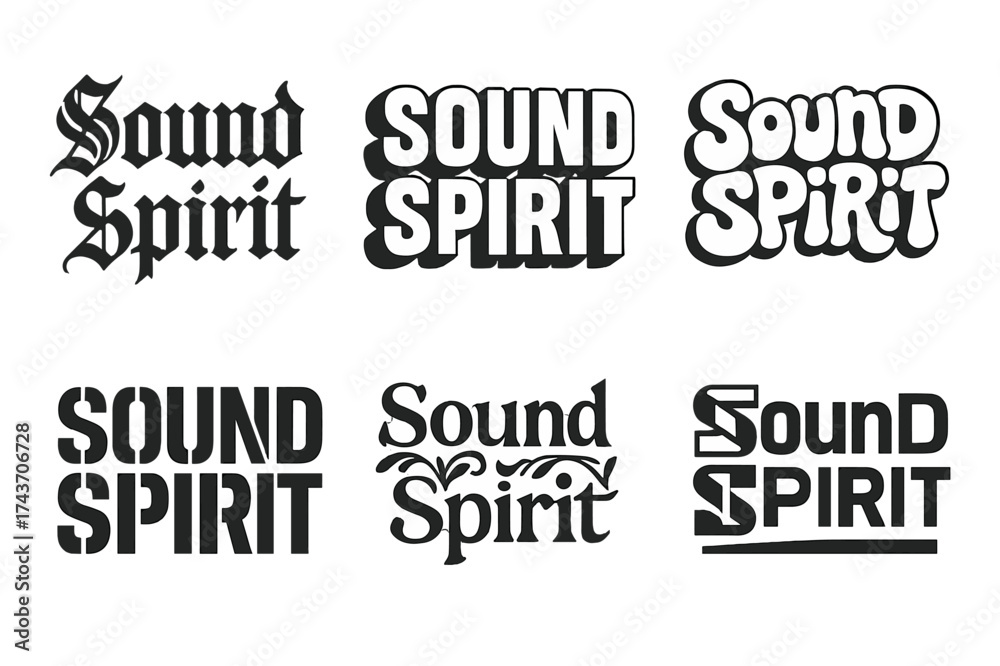 Obraz premium Harmonious Lettering Variations. Sound Spirit. Set lettering. harmonious lettering variations of the same emblematic concept (Gothic-inspired decorative type,