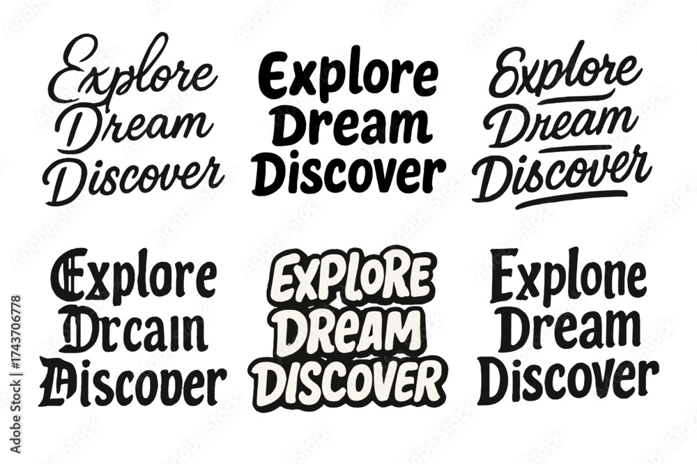 Fototapeta premium Lettering Variations Grid. Explore Dream Discover. Set lettering. harmonious lettering variations of the same emblematic concept, each with different artistic