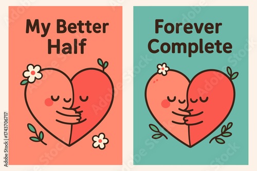 Kawaii Heart Banners. My Better Half. Two vertical A6 banners, kawaii, coral and teal backgrounds, cute heart-halves hugging with tiny flowers, first banner