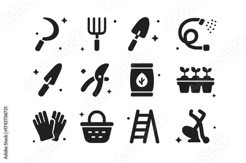 Eco Farming Tools Icons. Eco Farming Tools. Solid icons set of Eco Farming Tools: sickle, pitchfork, spade, watering hose, hand trowel, pruning shears, seed