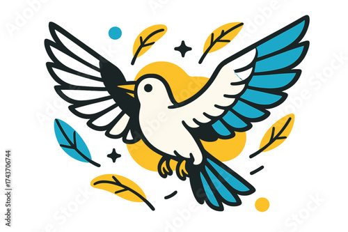 Graceful Avian Freedom. Bird in Flight. A single bird spreading its wings wide, abstract floating feathers surrounding it like glowing sparks. Symbol of