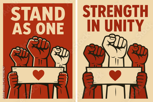 Retro Activism Banners. Activism. Two vertical A6 banners, retro, red and beige backgrounds, raised fists joined around a banner with a small heart, first