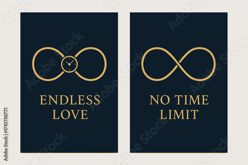 Elegant Infinity Banners. Eternity. Two vertical A6 banners with safe margins, centered composition, no elements touching edges, modern minimal, navy and gold,