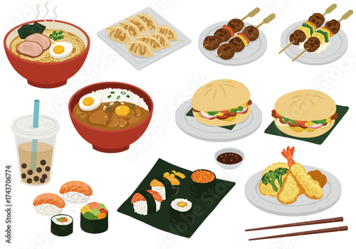 Delicious Asian Food Assortment Ramen, Sushi, Dumplings & More