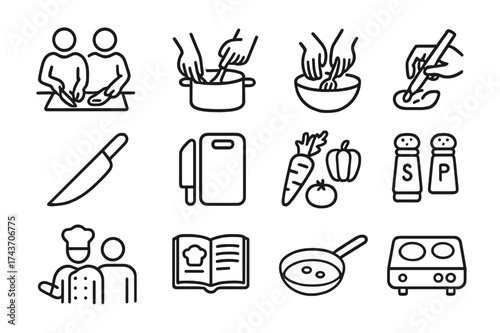 Hands-On Cooking Icons. Hands-on cooking. Line icon set of Hands-on cooking: students chopping, stirring pot, mixing ingredients, knife, cutting board,