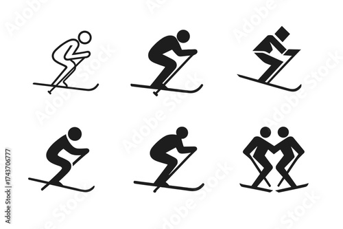 Skiing Logo Variations. Skiing. Set Logo of Skiing: skier silhouette. harmonious logo variations of the same emblematic concept, each with different artistic