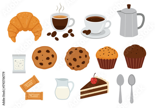 Delicious Pastries and Coffee Croissant, Muffin, Cookie & Slice of Cake