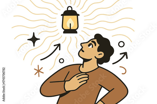 Inspired Glow. Admiring light. A person looking up at a glowing lantern floating above, abstract waves radiating outward like inspiration. Modern flat vector