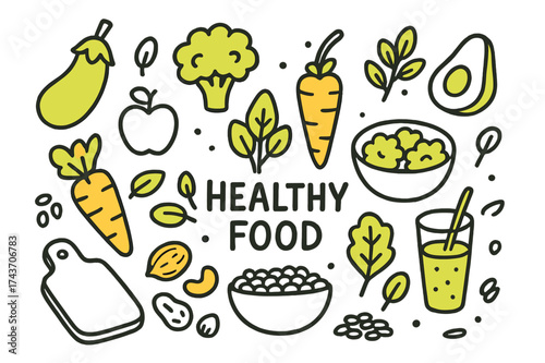 Doodle Healthy Foods. Healthy food. Hand-drawn doodle illustration healthy food eggplant (accented), broccoli (accented), avocado, carrot (accented), apple,