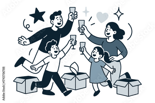 New Beginnings Celebration. Celebrating move-in. Glowing family raising glasses in toast surrounded by open boxes. Floating icons of star, heart, and sparkle