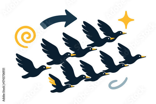 Migrating Bird Formation. Flock in motion. Glowing V-formation of migrating birds across the sky. Floating icons of arrow, swirl, and sparkle symbolizing