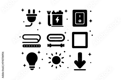 Electrical Icons Grid. Electrical Setup. Solid icons set of Electrical Setup: Power Plug, Wire, Transformer, Switch, LED Strip, Neon Tube, Frame, Mount, Bulb,