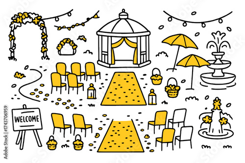 Charming Outdoor Ceremony. Outdoor ceremony. Hand-drawn doodle illustration outdoor ceremony gazebo (accented), garden chairs (accented), lanterns, petals on