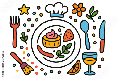 Creative Plating Artwork. Creative Plating. Colorful Hand-drawn doodle Children illustration plate, sauce brush, dots, garnish leaf, flower, fork, spoon,
