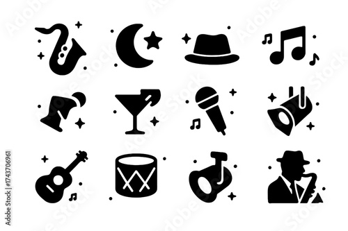 Night Music Icons. Night music. Solid icons set of Night music: saxophone, moon, star, music notes, fedora hat, cocktail glass, microphone, guitar, drum,