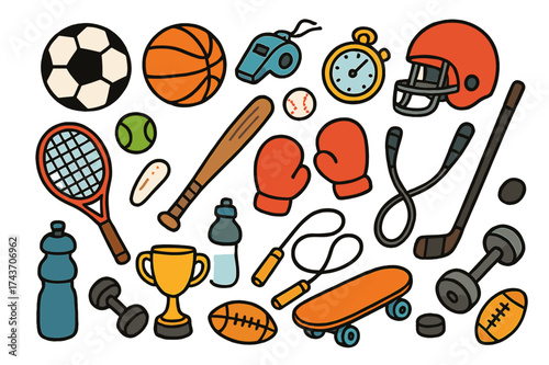 Colorful Sports Doodles. Sports Equipment. Colorful Hand-drawn doodle Children illustration sports equipment soccer ball, basketball, tennis racket, baseball