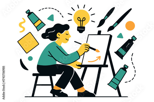 Creative Studio Energy. Studio painting. Glowing artist at an easel, abstract floating paint tubes, brushes, and geometric shapes emphasizing creativity,