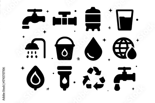 Water Supply Icons. Water supply. Solid icons set of Water supply: faucet, pipe, tank, glass of water, showerhead, bucket, drop, globe, leaf, filter, recycling