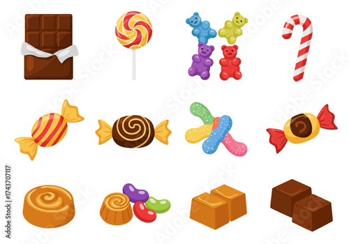 Colorful Array of Candies Lollipop, Chocolate, Gummy Bears & More