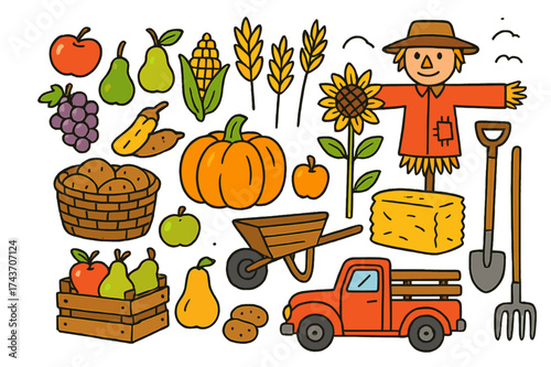 Bountiful Harvest Doodles. Harvest. Colorful Hand-drawn doodle Children illustration Basket of potatoes, corn, wheat, pumpkin, apples, pears, grapes,