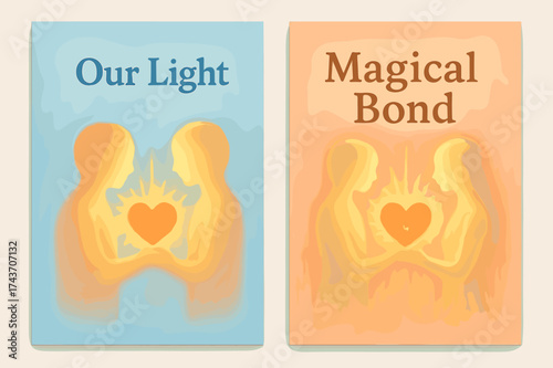 Glowing Figures Harmony. Soulmates. Two vertical A6 banners with safe margins, centered composition, no elements touching edges, pastel style, sky blue and