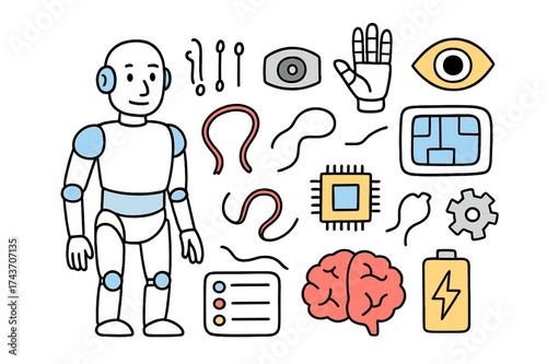 Colorful Robot Doodle. Humanoid Robots. Hand-drawn doodle illustration android figure (colored), robotic hand, sensors (colored), camera eye, microchip