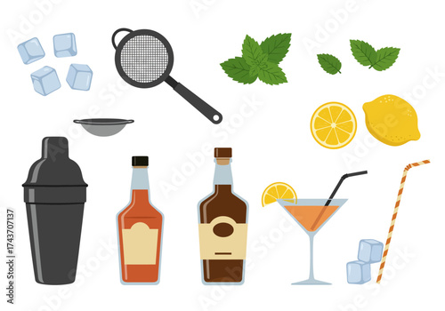 Refreshing Cocktail Ingredients Shaker, Citrus, and Mint Illustration