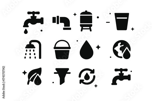 Water Supply Icons. Water supply. Solid icons set of Water supply: faucet, pipe, tank, glass of water, showerhead, bucket, drop, globe, leaf, filter, recycling