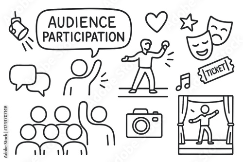 Audience Participation Doodles. Audience participation. Hand-drawn doodle illustration audience participation audience, speech bubble, heart, star, mask,