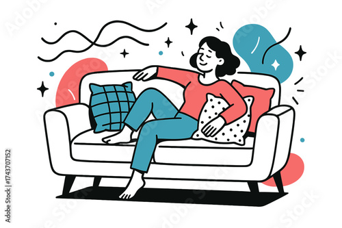 Cozy Glow Couch. Soft Comfort. A couch glowing with multiple textures of pillows, abstract floating lines and sparks showing relaxation and charm. Modern