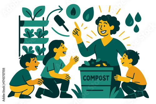 Resilient Farming Education. Resilient farming. Educator glowing while showing kids vertical garden and compost bins. Floating icons of leaves, shovel, and