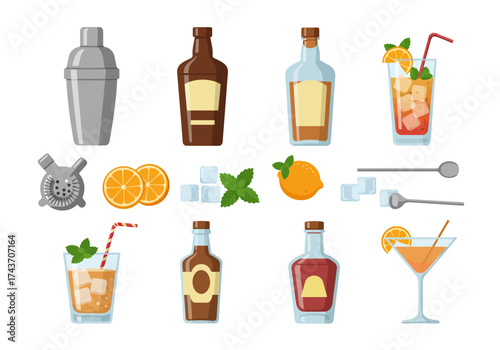 Cocktail Preparation Set with Ingredients and Bar Tools Illustration