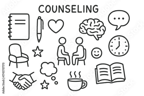 Counseling Essentials Doodle. Counseling. Hand-drawn doodle illustration counseling notebook, pen, heart, brain, speech bubble, clock, chair, people, book,