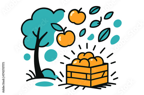Floating Orchard Harvest. Orchard crate. A wooden crate glowing under an apple tree, abstract floating fruits and leaves above symbolizing natural harvest.