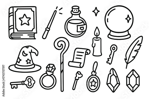 Fantasy Prop Icons. Fantasy Props. Hand-drawn doodle illustration fantasy props spell book, magic wand, potion bottle, crystal ball, wizard hat, staff,