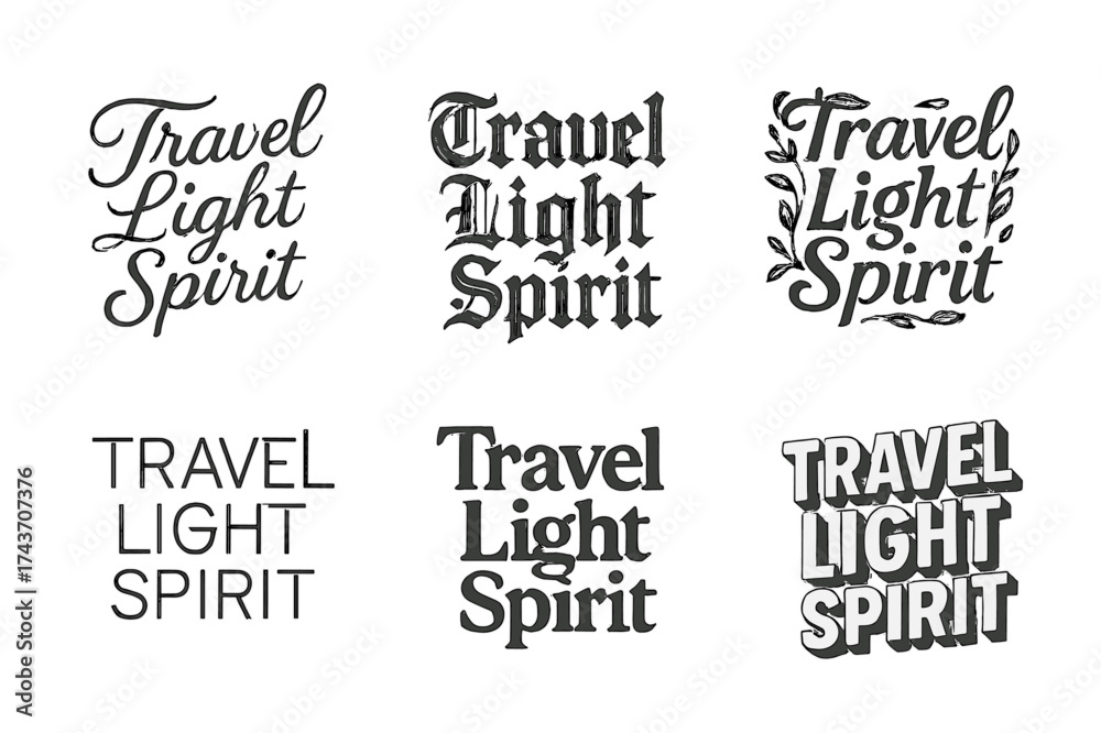 Obraz premium Creative Lettering Grid. Travel Light Spirit. Set lettering. harmonious lettering variations of the same emblematic concept, each with different artistic