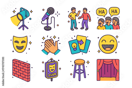 Comedy Improv Icons. Comedy Improv Nights. Colorful isometric vector icons set of Comedy Improv Nights: stage spotlight, microphone on stand, two actors