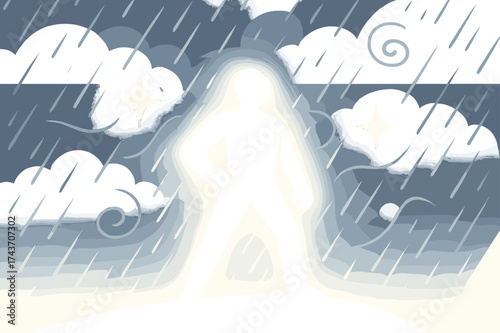 Facing the Storm. Facing the storm. Glowing silhouette standing tall as rain pours and wind swirls. Floating icons of sparkle, swirl, and star symbolizing