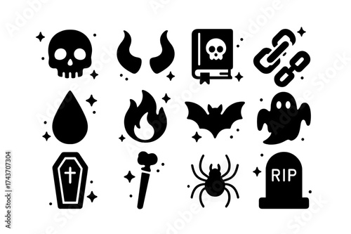 Dark Fantasy Icons. Dark Fantasy. Solid icons set of Dark Fantasy: skull, demon horn, cursed book, chains, blood drop, black flame, bat, ghost, coffin, bone