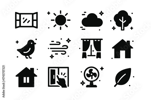 Morning Air Icons. Morning air. Solid icons set of Morning air: open window, sun, cloud, tree, bird, breeze lines, curtains, blinds, house, hand pushing