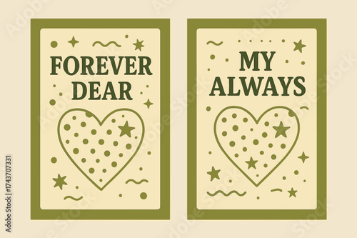 Playful Heart Banners. Affection. Two vertical A6 banners with safe margins, centered composition, no elements touching edges, memphis style, olive green and