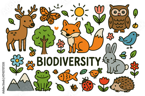 Vibrant Biodiversity Doodles. Biodiversity. Colorful Hand-drawn doodle Children illustration Deer, fox, rabbit, owl, butterfly, frog, fish, flowers, tree, paw